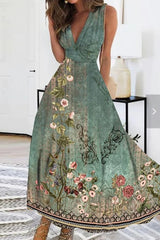 Casual Print Patchwork V Neck Sleeveless Dresses(4 Colors)
