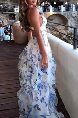 Ingvn - Sexy Not Positioning Printed Flowers Patchwork Flounce V Neck Sling Dresses