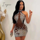 Ingvn - Mesh Sheer See Through Sexy Party Dress for Women Party Club Night Mini Bodycon Dress Luxury Rhinestone Sparkly Birthday Dress