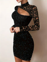 Solid Sequin Bag Hip Dress, Elegant Contrast Lace Cut Out Turtle Neck Long Sleeve Dress, Women's Clothing
