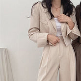 Korean Style Office Lady Blazer Sets Autumn Loose 2 Two Piece Set Women Long Sleeve Short Suit Coat + Straight Suit Pants Suits
