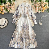 Ingvn - Fitaylor New Spring Autumn Women Vintage Notched Collar Puff Sleeve Long Dress Single Breasted Floral Print Dress with Belt