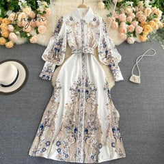 Ingvn - Fitaylor New Spring Autumn Women Vintage Notched Collar Puff Sleeve Long Dress Single Breasted Floral Print Dress with Belt