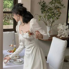 Ingvn - Women Long Sleeve Square Collar White Wedding Dresses Autumn Lady Korean Fashion Elegant Evening Party Vestidos Prom Dress