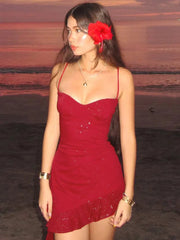 Spaghetti Strap Ruffled Sexy Mini Dress For Women Red Fashion Sleeveless Backless High Waist A-line Club Party Dress
