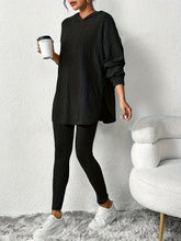 Sleek Duo, Elegant Solid Color Ribbed Hoodie & Leggings Set for Women - Long Sleeve, Polyester Blend, Machine Washable - Perfect for Spring/Fall