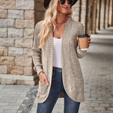 Solid Color Open Front Cardigan, Versatile Long Sleeve Pockets Cardigan For Spring & Fall, Women's Clothing