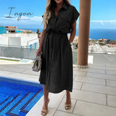 Ingvn - Summer Sundress Women Elegant Dress Plus Size Short Sleeve Casual Loose Buttons High Waist Work Midi Vestidos Robe