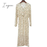 Ingvn - 2023 Fashion Trends Elegant Ruched Floral Print Women Autumn Dress Sexy V-neck Full Sleeve Female Long Dresses Spring Chiffon Vestidos