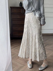 Silver Sequin A-line Fishtail Skirt Vintage Skirts for Woman Long Dress Korean Fashion Y2k Clothing Faldas Para Mujeres