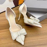 Ingvn Luxury Pearl Crystal Bowtie White Wedding Shoes Women Spring Brand Designer High Heels Pumps Woman Thin Heeled Party Shoes