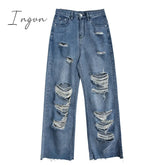 Ingvn - Spring And Autumn women's ripped jeans high waist loose straight pants wide leg pants women's jeans Y2K high street jeans
