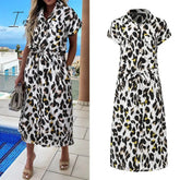 Ingvn - Summer Sundress Women Elegant Dress Plus Size Short Sleeve Casual Loose Buttons High Waist Work Midi Vestidos Robe