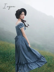 Ingvn - Women Pink Dress Summer Vintage Elegant Slim European Romance Blue Dress Retro Lace Sexy Slash Neck Casual Everyday Midi Dress