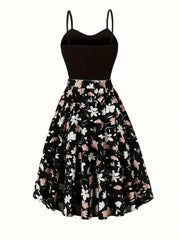 Seasonal Radiance, Elegant Floral Print Dress Set with Open Front Long Sleeve Cardigan & Tie-Waist Spaghetti Suspender Dress - Machine Washable, Polyester - Perfect for Spring/Fall