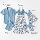 Ingvn - Trends Summer And Spring Mosaic Cotton Family Matching Floral Sets Flounce Dresses And Denim Tops Short Long Sleeve Family Look