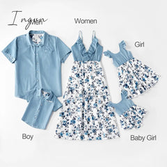 Ingvn - Trends Summer And Spring Mosaic Cotton Family Matching Floral Sets Flounce Dresses And Denim Tops Short Long Sleeve Family Look