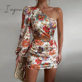 Ingvn - Women Chic One Shoulder Long Puff Sleeves Crop Top Floral Print Party Bodycon Mini Skirt Set