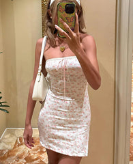 Floral Print Strapless Backless Lace Up Sexy Bodycon Mini Prom Dress Summer Women Fashion Outfit Beach Party Vacation