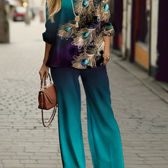 Plus Size Casual Outfits Two Piece Set, Women's Plus Peacock & Ombre Print Long Sleeve Round Neck Top & Pants Outfits 2 Piece Set