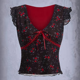Floral Print Mesh Splicing V-neck Top, Vintage Ruffle Trim Slim Top For Spring & Summer, Women's Clothing For Coquette/Cute/Y2K Style