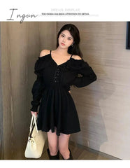 Ingvn - Gothic Black Dress Women Casual Button Lace Evening Party Sexy Mini Dress Female Long Sleeve One-piece Dress Korean Autumn