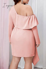 Ingvn - Pink Casual Solid Patchwork Asymmetrical Oblique Collar Long Sleeve Plus Size Dresses