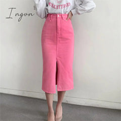 Ingvn - Split Jeans Skirt for Women 2023 New High Waisted Slim Korean Fashion Chic Pencil Skirt Vintage Casual Prink Midi Skirt