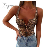 Ingvn - Women Fashion Sleeveless V Neck Leopard Printed Button Playsuits Skinny Slim One-Piece Bodysuits Sexy Female Jumpsuit Rompers
