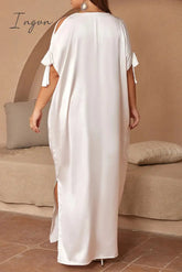 Ingvn - Casual Solid Frenulum Slit O Neck Long Dress Plus Size Dresses