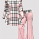 Women's Casual Outfits Set, Plus Size Plaid Print Long Sleeve Round Neck Top & Flared Leg Pants Outfits 2 Piece Set