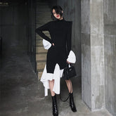 Autumn Korean Knitted Dress for Women Vintage Patchwork Irregular Slim Midi Dress Fashion Female New Outfits Office Work Clothes