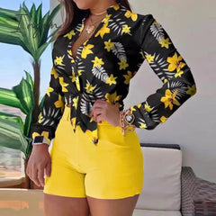 Ingvn - Shorts Sets Women's Summer Suit High Waist Shorts LongSleev Shirts Two Piece Set Printed Leisure Sets Womens Outfits Shorts Set