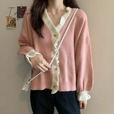 Ingvn - Spring Autumn New Women's Clothing Sweet V-Neck Knitted Cardigan Korean Fashion Buttons Long Sleeve Ruffles Sweaters Female
