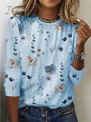 Ingvn - Women's T shirt Tee White Yellow Pink Floral Print Long Sleeve Holiday Weekend Basic Round Neck Regular Floral Painting
