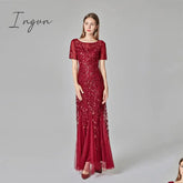 Ingvn - Plus Size Evening Dresses Mermaid O Neck Short Sleeve Lace Appliques Tulle Long Party Gown Robe Soiree Sexy Formal Dress vestido