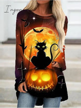 Ingvn - Women's T shirt Tee Tunic Halloween Shirt Brown Cat Pumpkin Patchwork Print Long Sleeve Halloween Casual Vintage Halloween Round Neck Regular Fit Cat Plus Size Fall & Winter