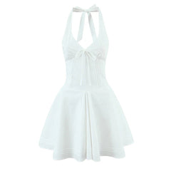Sexy Deep V Halter White Mini Dress Women Fashion Backless A-line Elegant Party Dresses Summer Robe Lace Up Vestidos