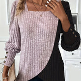 Vibrant Color Block Button Decor Long Sleeve T-Shirt - Soft, Breathable, Casual Square Neck Design for Spring & Fall - Women's Stylish Clothing for Everyday Wear