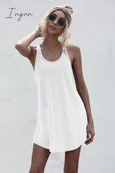 Ingvn - Solid Casual O-neck Sleeveless Tank Dress Women Loose Off Shoulder Asymmetrical Cotton Mini Dress