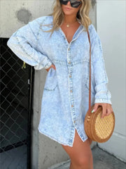 Full Size Button-Front Long Sleeve Denim Shirt Dress Plus Size