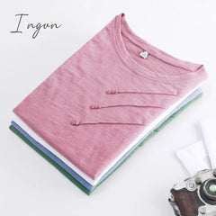Ingvn - Short Sleeve Summer Women Ribbed Cotton Tee-Shirts Female Button Loose Casual Fashion T-shirts Blue O-Neck Korea Tops S-3XL