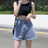 Ingvn - Black Denim Double-breasted Shorts Women Summer Hot Girls College All-match Solid Younger Ins Prevalent High Waist Casual Mujer