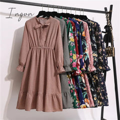 Ingvn - 11 Style Beautiful Fashion Summer Women Long Sleeve Dress Retro Collar Casual High Waist Dresses Floral Print Chiffon Clothing
