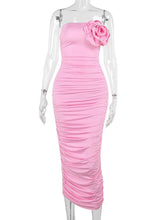 Ingvn Elegant Womens Flower Flower Decoration Pink Dress Sexy Strapless High Waist Tunics Shirring Slit Mid-calf Evening Dresses