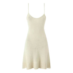 Summer Women Sexy Hollow Out Knit Sling Mini Dress O Neck Sleeveless Hem Ruffle A-line Short Beach Dresses Holiday Robe