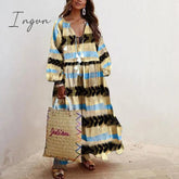 Ingvn - V-neck Long Sleeve Print Long Loose Dress