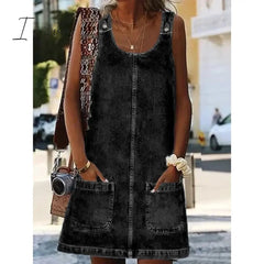 Ingvn - Women's Casual Dress Shift Dress Denim Overall Pinafore Dress Mini Dress Denim Fashion Modern Outdoor Daily Vacation U Neck Pocket Sleeveless Summer Spring 2023 Regular Fit Black Blue Gray Plain S M