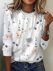 Ingvn - Women's T shirt Tee White Yellow Pink Floral Print Long Sleeve Holiday Weekend Basic Round Neck Regular Floral Painting