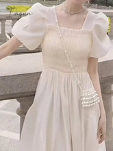 Ingvn - Elegant Dress for Women Ruffles Square Collar Short Sleeve French Style High Waisted A Line Party Midi White Dresses